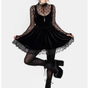 Disturbia Black Velvet “Orbweb Lace Hem Velour Mini Dress”